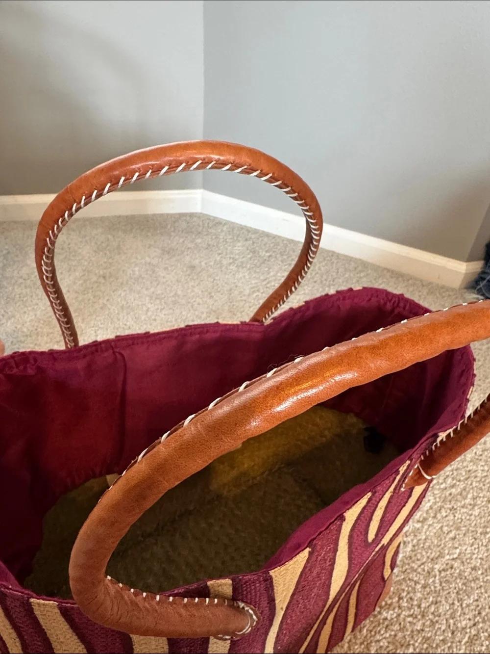 Woven Stripe Tote Bag in Burgundy and Tan
